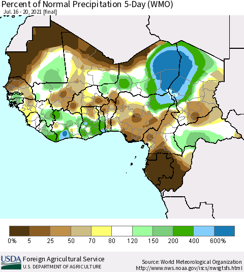 Western Africa Percent of Normal Precipitation 5-Day (WMO) Thematic Map For 7/16/2021 - 7/20/2021