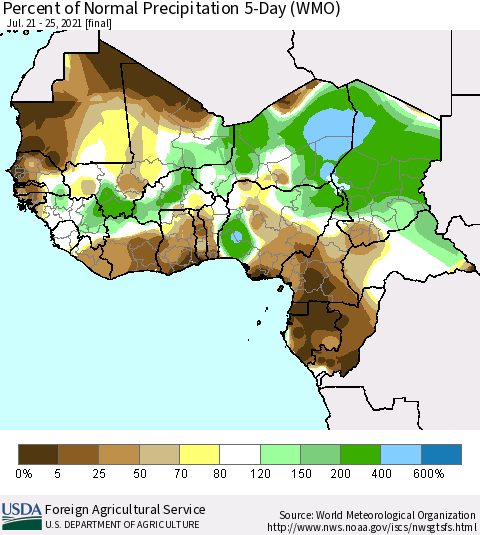 Western Africa Percent of Normal Precipitation 5-Day (WMO) Thematic Map For 7/21/2021 - 7/25/2021