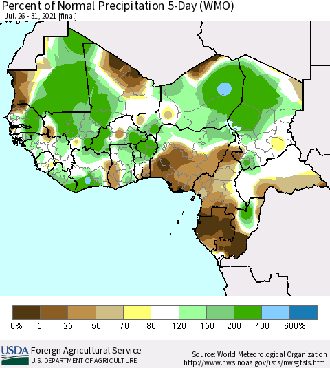 Western Africa Percent of Normal Precipitation 5-Day (WMO) Thematic Map For 7/26/2021 - 7/31/2021