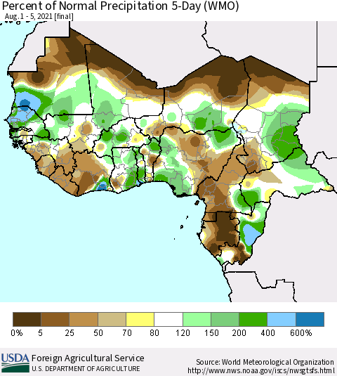 Western Africa Percent of Normal Precipitation 5-Day (WMO) Thematic Map For 8/1/2021 - 8/5/2021