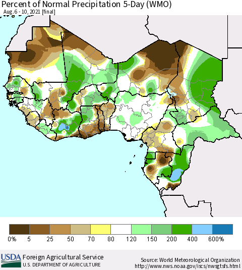 Western Africa Percent of Normal Precipitation 5-Day (WMO) Thematic Map For 8/6/2021 - 8/10/2021