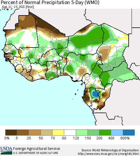 Western Africa Percent of Normal Precipitation 5-Day (WMO) Thematic Map For 8/11/2021 - 8/15/2021