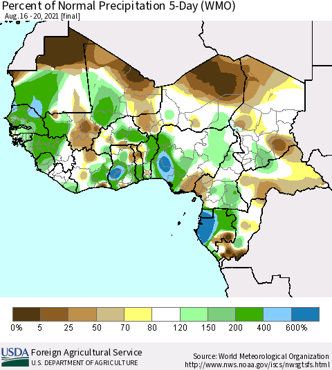 Western Africa Percent of Normal Precipitation 5-Day (WMO) Thematic Map For 8/16/2021 - 8/20/2021