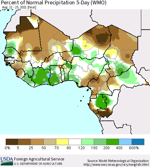 Western Africa Percent of Normal Precipitation 5-Day (WMO) Thematic Map For 8/21/2021 - 8/25/2021