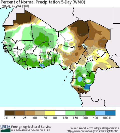 Western Africa Percent of Normal Precipitation 5-Day (WMO) Thematic Map For 8/26/2021 - 8/31/2021