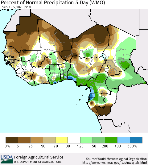 Western Africa Percent of Normal Precipitation 5-Day (WMO) Thematic Map For 9/1/2021 - 9/5/2021