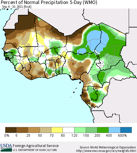 Western Africa Percent of Normal Precipitation 5-Day (WMO) Thematic Map For 9/6/2021 - 9/10/2021