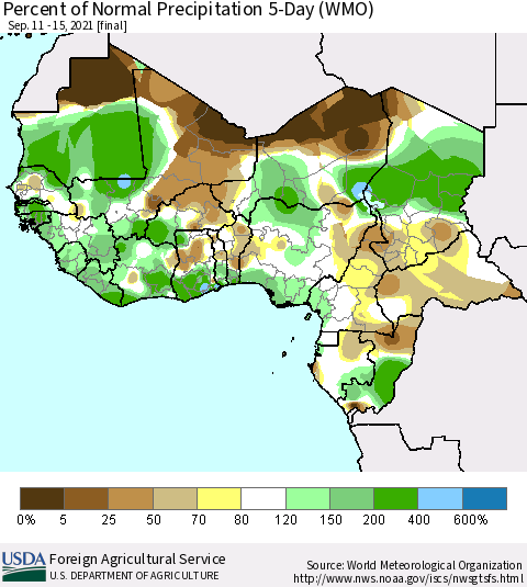 Western Africa Percent of Normal Precipitation 5-Day (WMO) Thematic Map For 9/11/2021 - 9/15/2021