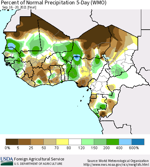 Western Africa Percent of Normal Precipitation 5-Day (WMO) Thematic Map For 9/16/2021 - 9/20/2021