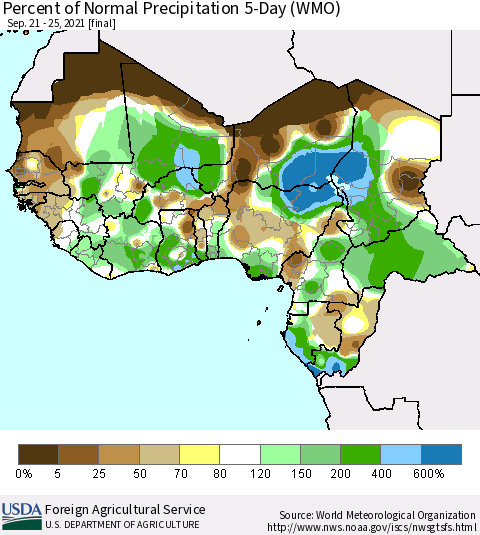 Western Africa Percent of Normal Precipitation 5-Day (WMO) Thematic Map For 9/21/2021 - 9/25/2021