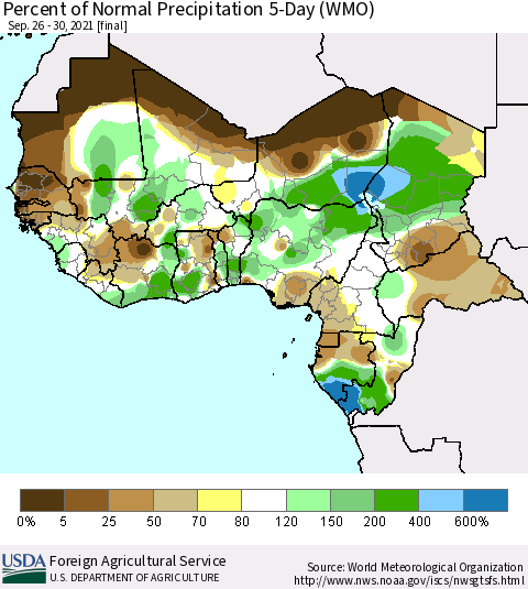 Western Africa Percent of Normal Precipitation 5-Day (WMO) Thematic Map For 9/26/2021 - 9/30/2021