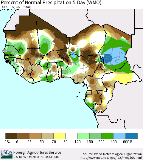 Western Africa Percent of Normal Precipitation 5-Day (WMO) Thematic Map For 10/1/2021 - 10/5/2021