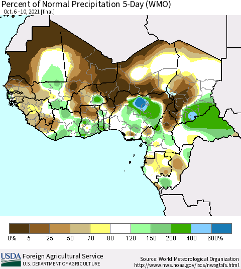 Western Africa Percent of Normal Precipitation 5-Day (WMO) Thematic Map For 10/6/2021 - 10/10/2021