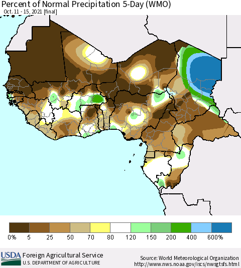 Western Africa Percent of Normal Precipitation 5-Day (WMO) Thematic Map For 10/11/2021 - 10/15/2021