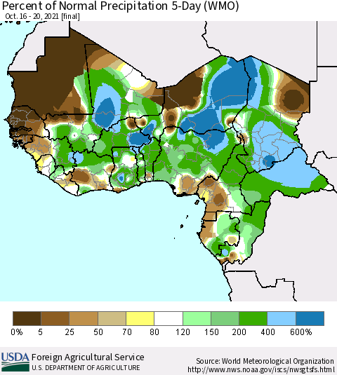 Western Africa Percent of Normal Precipitation 5-Day (WMO) Thematic Map For 10/16/2021 - 10/20/2021