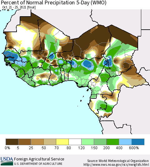 Western Africa Percent of Normal Precipitation 5-Day (WMO) Thematic Map For 10/21/2021 - 10/25/2021