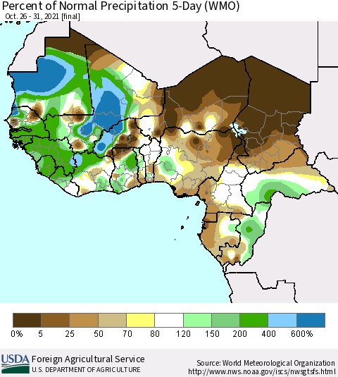Western Africa Percent of Normal Precipitation 5-Day (WMO) Thematic Map For 10/26/2021 - 10/31/2021