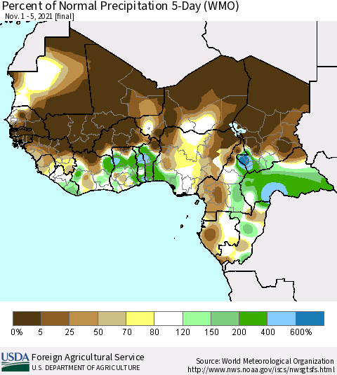 Western Africa Percent of Normal Precipitation 5-Day (WMO) Thematic Map For 11/1/2021 - 11/5/2021