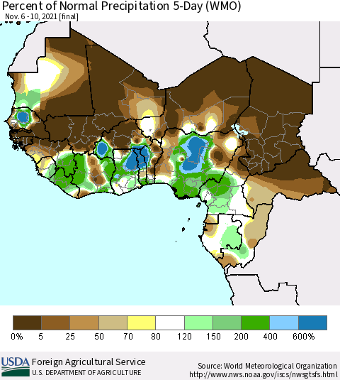 Western Africa Percent of Normal Precipitation 5-Day (WMO) Thematic Map For 11/6/2021 - 11/10/2021