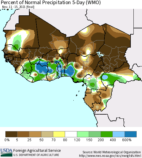 Western Africa Percent of Normal Precipitation 5-Day (WMO) Thematic Map For 11/11/2021 - 11/15/2021