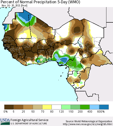 Western Africa Percent of Normal Precipitation 5-Day (WMO) Thematic Map For 11/16/2021 - 11/20/2021