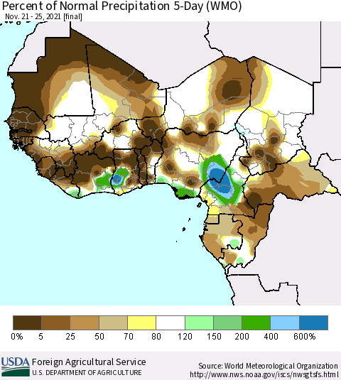 Western Africa Percent of Normal Precipitation 5-Day (WMO) Thematic Map For 11/21/2021 - 11/25/2021