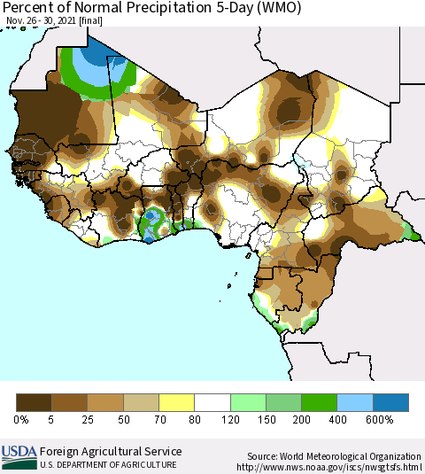 Western Africa Percent of Normal Precipitation 5-Day (WMO) Thematic Map For 11/26/2021 - 11/30/2021