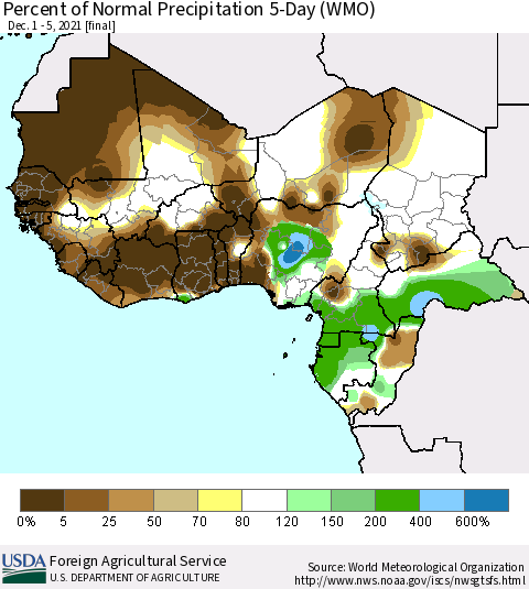 Western Africa Percent of Normal Precipitation 5-Day (WMO) Thematic Map For 12/1/2021 - 12/5/2021