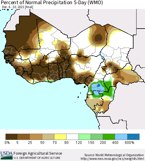 Western Africa Percent of Normal Precipitation 5-Day (WMO) Thematic Map For 12/6/2021 - 12/10/2021