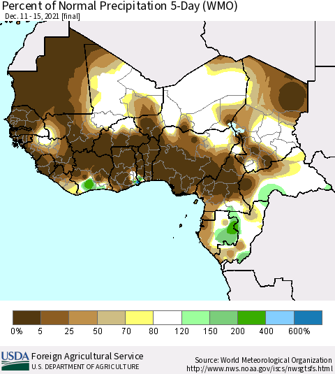 Western Africa Percent of Normal Precipitation 5-Day (WMO) Thematic Map For 12/11/2021 - 12/15/2021