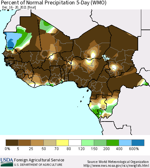 Western Africa Percent of Normal Precipitation 5-Day (WMO) Thematic Map For 12/16/2021 - 12/20/2021