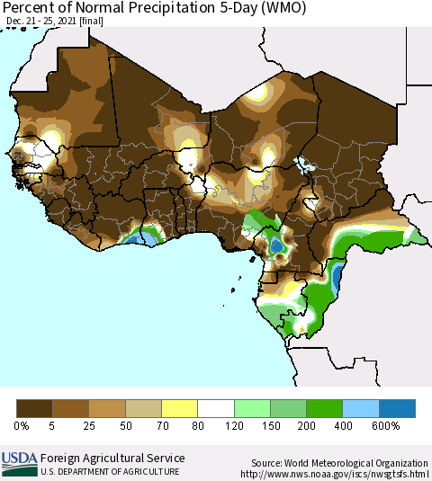 Western Africa Percent of Normal Precipitation 5-Day (WMO) Thematic Map For 12/21/2021 - 12/25/2021