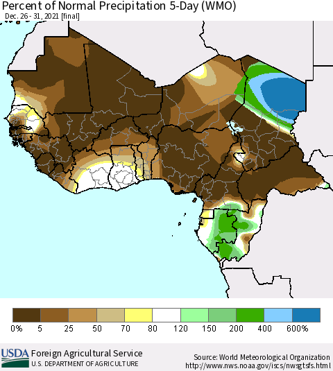 Western Africa Percent of Normal Precipitation 5-Day (WMO) Thematic Map For 12/26/2021 - 12/31/2021