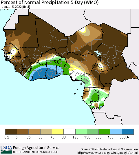 Western Africa Percent of Normal Precipitation 5-Day (WMO) Thematic Map For 1/1/2022 - 1/5/2022