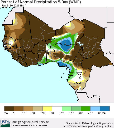 Western Africa Percent of Normal Precipitation 5-Day (WMO) Thematic Map For 1/6/2022 - 1/10/2022
