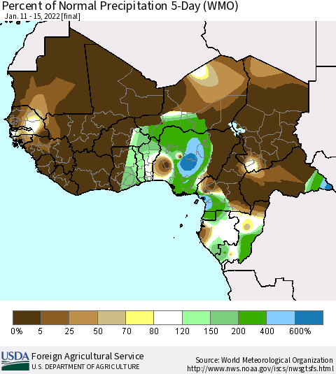 Western Africa Percent of Normal Precipitation 5-Day (WMO) Thematic Map For 1/11/2022 - 1/15/2022
