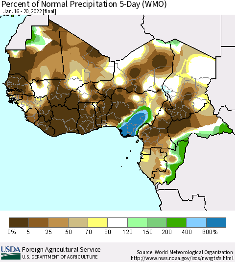 Western Africa Percent of Normal Precipitation 5-Day (WMO) Thematic Map For 1/16/2022 - 1/20/2022