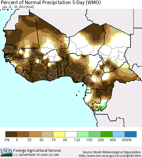 Western Africa Percent of Normal Precipitation 5-Day (WMO) Thematic Map For 1/21/2022 - 1/25/2022