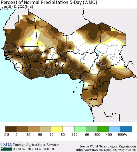 Western Africa Percent of Normal Precipitation 5-Day (WMO) Thematic Map For 1/26/2022 - 1/31/2022