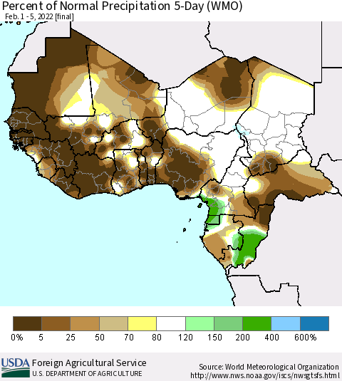 Western Africa Percent of Normal Precipitation 5-Day (WMO) Thematic Map For 2/1/2022 - 2/5/2022