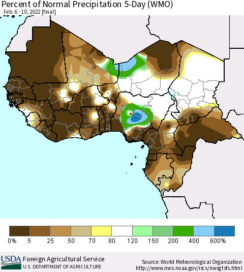 Western Africa Percent of Normal Precipitation 5-Day (WMO) Thematic Map For 2/6/2022 - 2/10/2022
