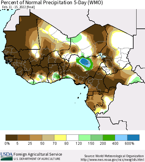 Western Africa Percent of Normal Precipitation 5-Day (WMO) Thematic Map For 2/11/2022 - 2/15/2022