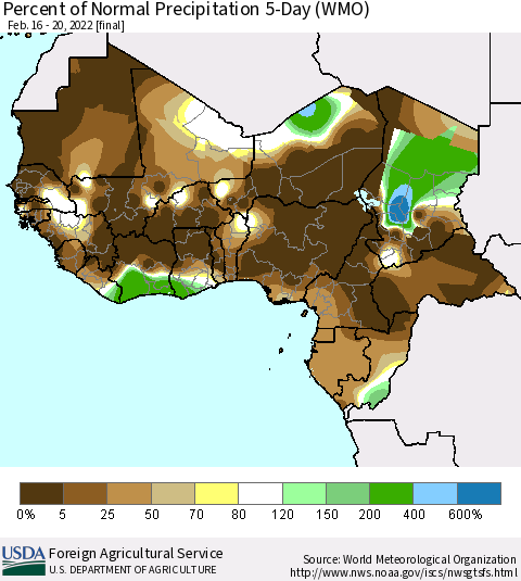 Western Africa Percent of Normal Precipitation 5-Day (WMO) Thematic Map For 2/16/2022 - 2/20/2022