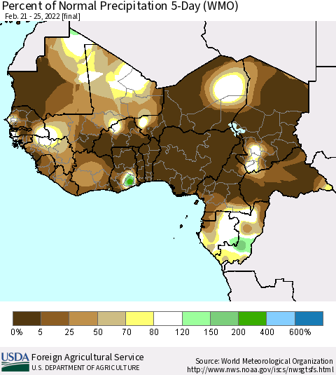 Western Africa Percent of Normal Precipitation 5-Day (WMO) Thematic Map For 2/21/2022 - 2/25/2022