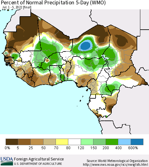 Western Africa Percent of Normal Precipitation 5-Day (WMO) Thematic Map For 7/1/2022 - 7/5/2022