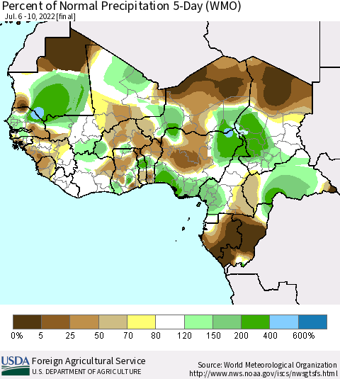 Western Africa Percent of Normal Precipitation 5-Day (WMO) Thematic Map For 7/6/2022 - 7/10/2022