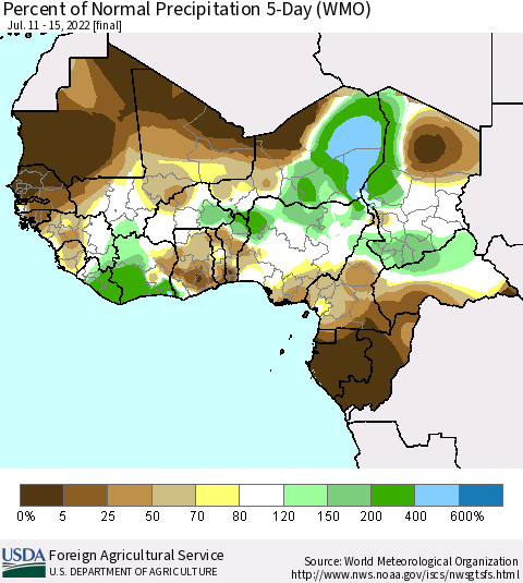Western Africa Percent of Normal Precipitation 5-Day (WMO) Thematic Map For 7/11/2022 - 7/15/2022