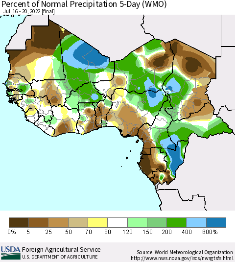Western Africa Percent of Normal Precipitation 5-Day (WMO) Thematic Map For 7/16/2022 - 7/20/2022
