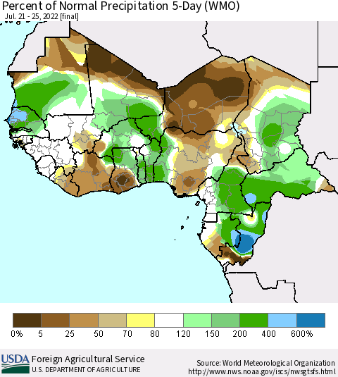 Western Africa Percent of Normal Precipitation 5-Day (WMO) Thematic Map For 7/21/2022 - 7/25/2022