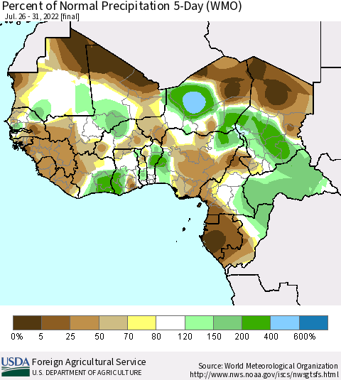 Western Africa Percent of Normal Precipitation 5-Day (WMO) Thematic Map For 7/26/2022 - 7/31/2022